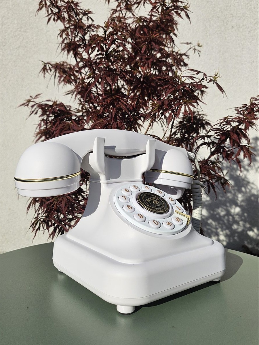 Téléphone livre d'or audio blanc proposé en option avec le photobooth WoodBooth